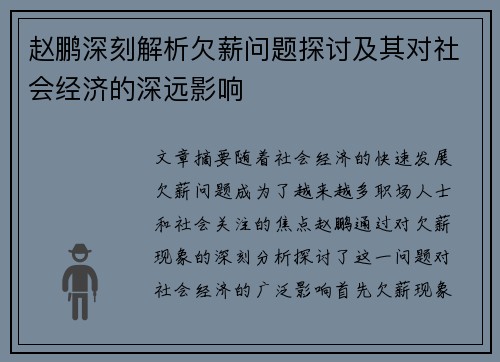 赵鹏深刻解析欠薪问题探讨及其对社会经济的深远影响